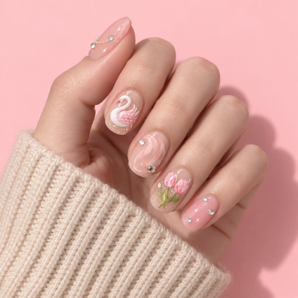 Petal Ballet – Pink Swan & Tulip Press-On Nails · Short Round
