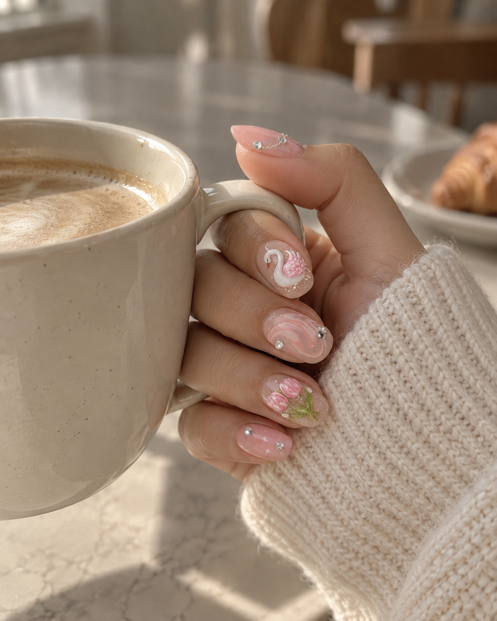 Petal Ballet – Pink Swan & Tulip Press-On Nails · Short Round