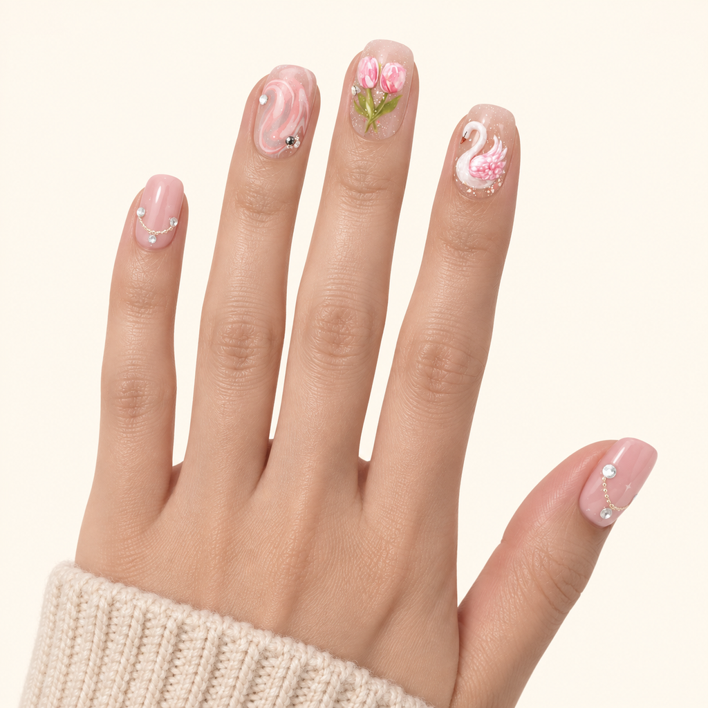 Petal Ballet – Pink Swan & Tulip Press-On Nails · Short Round